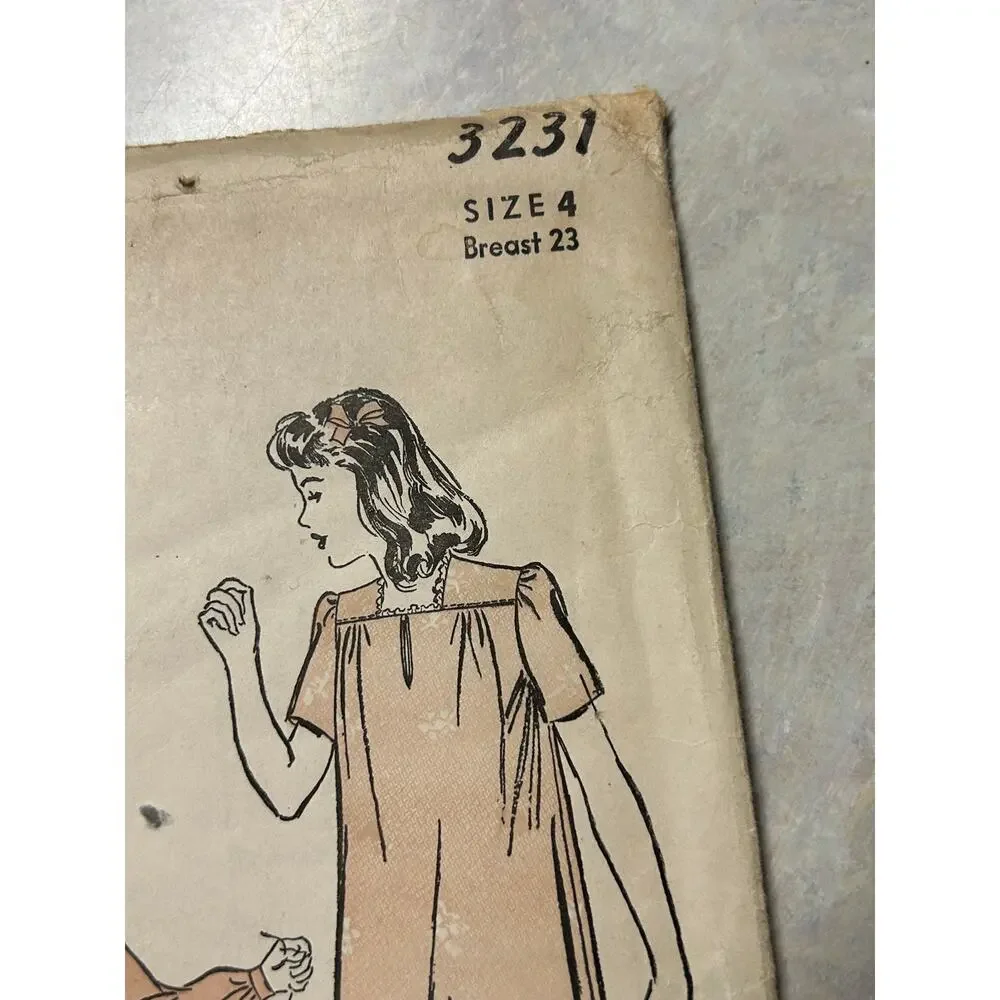 Vintage 1940's Advance Pattern #3231 Girls‎ Nightgown Size 4 HTF RARE